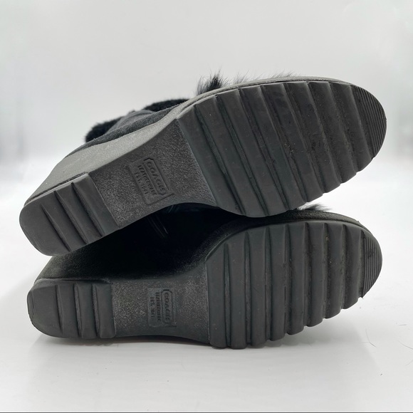 SOLD-Coach Karita Black Wedge Boots Suede Leather Rabbit Fur Knee Heels - Picture 8 of 11